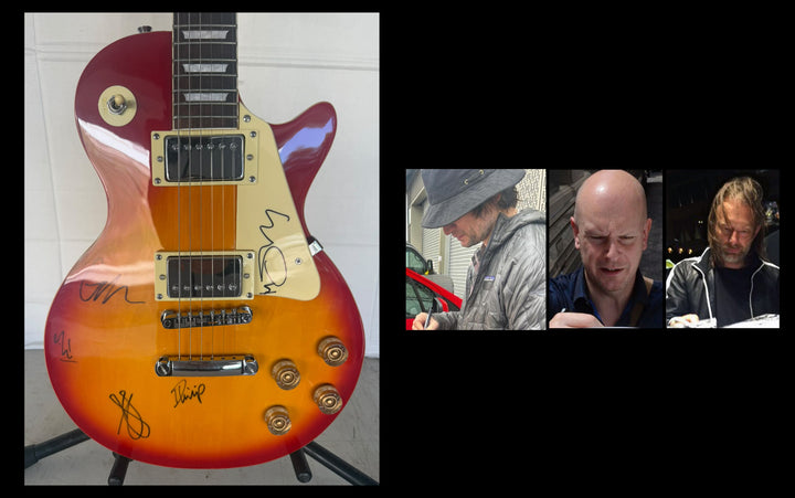 Radiohead Thom Yorke, Ed O'Brien, Philip Selway, Jonny & Colin Greenwood vintage cherry les paul electric guitar signed with photo proof and full provenance & CHAT GPT Authentication analysis - AA09260254 - image 7