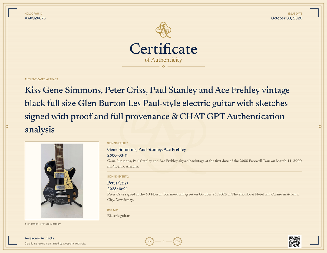 Kiss Gene Simmons, Peter Criss, Paul Stanley and Ace Frehley vintage black full size Glen Burton Les Paul-style electric guitar with sketches signed with proof and full provenance & CHAT GPT Authentication analysis - AA0926075 - image 7