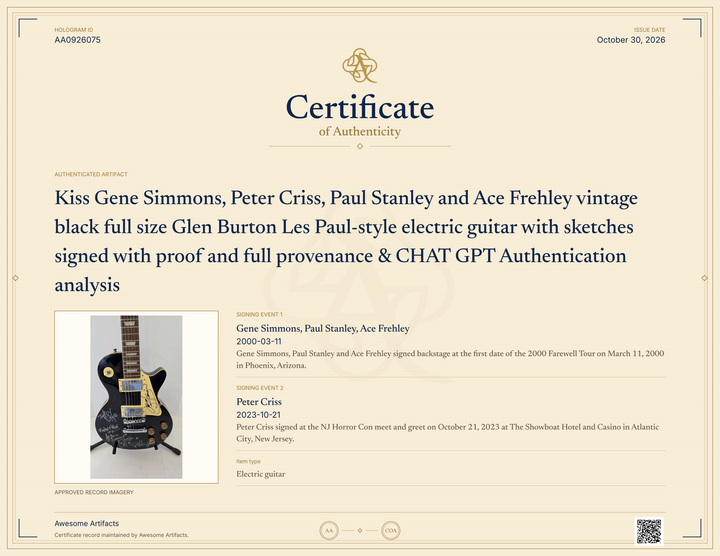 Kiss Gene Simmons, Peter Criss, Paul Stanley and Ace Frehley vintage black full size Glen Burton Les Paul-style electric guitar with sketches signed with proof and full provenance & CHAT GPT Authentication analysis - AA0926075 - image 7