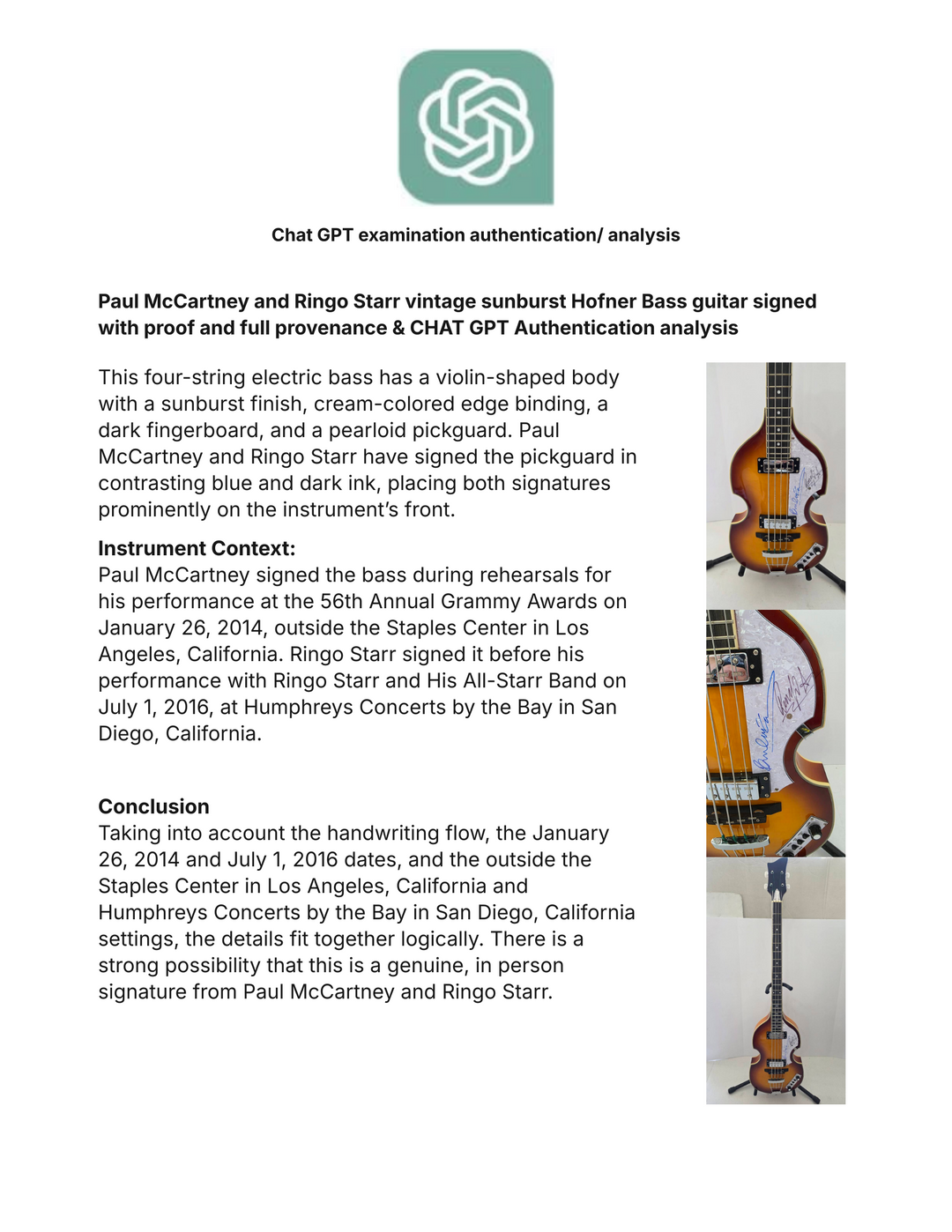 Paul McCartney and Ringo Starr vintage sunburst Hofner Bass guitar signed with proof and full provenance & CHAT GPT Authentication analysis - AA09260186 - image 7