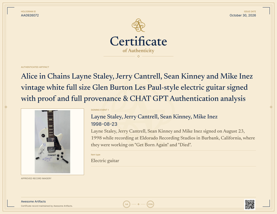Alice in Chains Layne Staley, Jerry Cantrell, Sean Kinney and Mike Inez vintage white full size Glen Burton Les Paul-style electric guitar signed with proof and full provenance & CHAT GPT Authentication analysis - AA0926072 - image 7