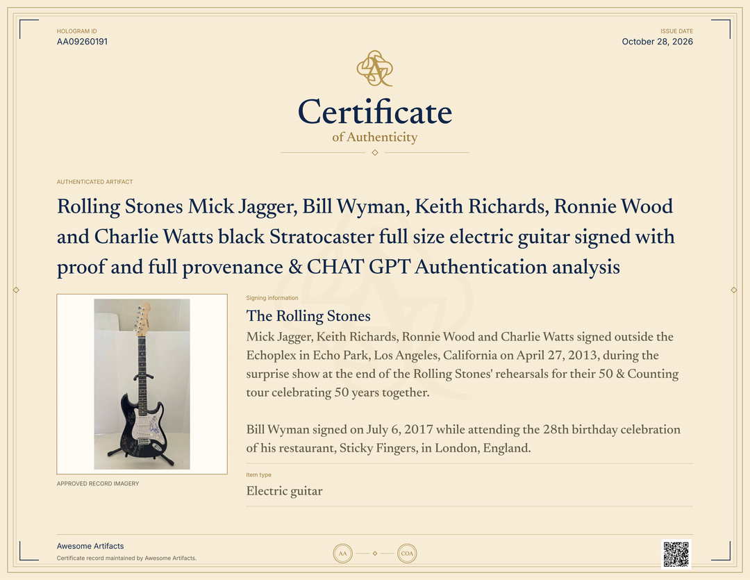 Rolling Stones Mick Jagger, Bill Wyman, Keith Richards, Ronnie Wood and Charlie Watts black Stratocaster full size electric guitar signed with proof and full provenance & CHAT GPT Authentication analysis - AA09260191 - image 7
