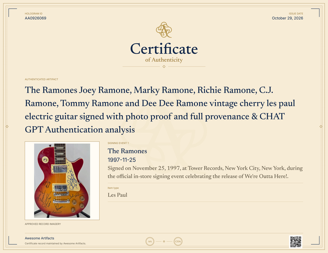 The Ramones Joey Ramone, Marky Ramone, Richie Ramone, C.J. Ramone, Tommy Ramone and Dee Dee Ramone vintage cherry les paul electric guitar signed with photo proof and full provenance & CHAT GPT Authentication analysis - AA0926069 - image 7