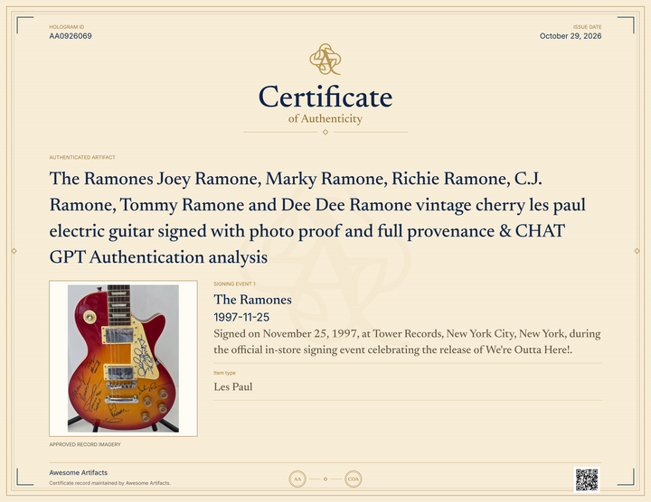 The Ramones Joey Ramone, Marky Ramone, Richie Ramone, C.J. Ramone, Tommy Ramone and Dee Dee Ramone vintage cherry les paul electric guitar signed with photo proof and full provenance & CHAT GPT Authentication analysis - AA0926069 - image 7