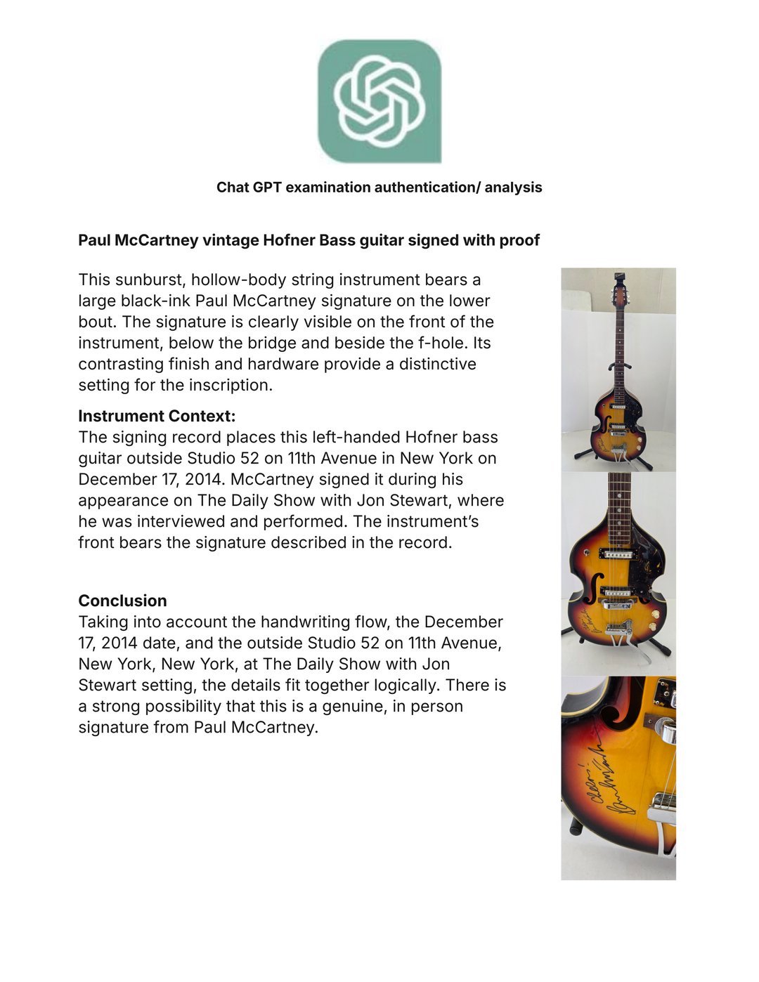 Paul McCartney vintage Hofner Bass guitar signed with proof - AA09260184 - image 7