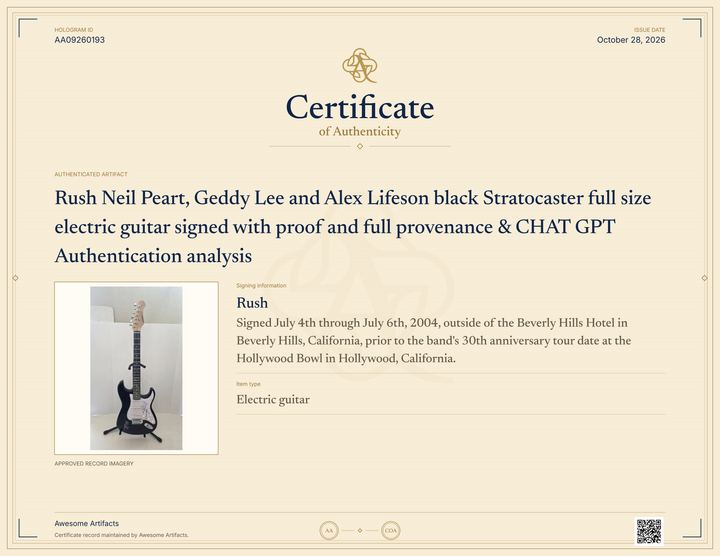 Rush Neil Peart, Geddy Lee and Alex Lifeson black Stratocaster full size electric guitar signed with proof and full provenance & CHAT GPT Authentication analysis - AA09260193 - image 7