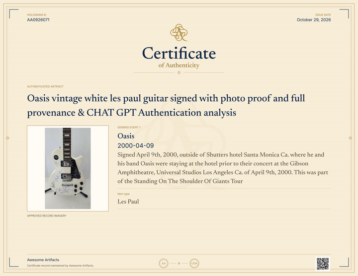 Oasis vintage white les paul guitar signed with photo proof and full provenance & CHAT GPT Authentication analysis - AA0926071 - image 7