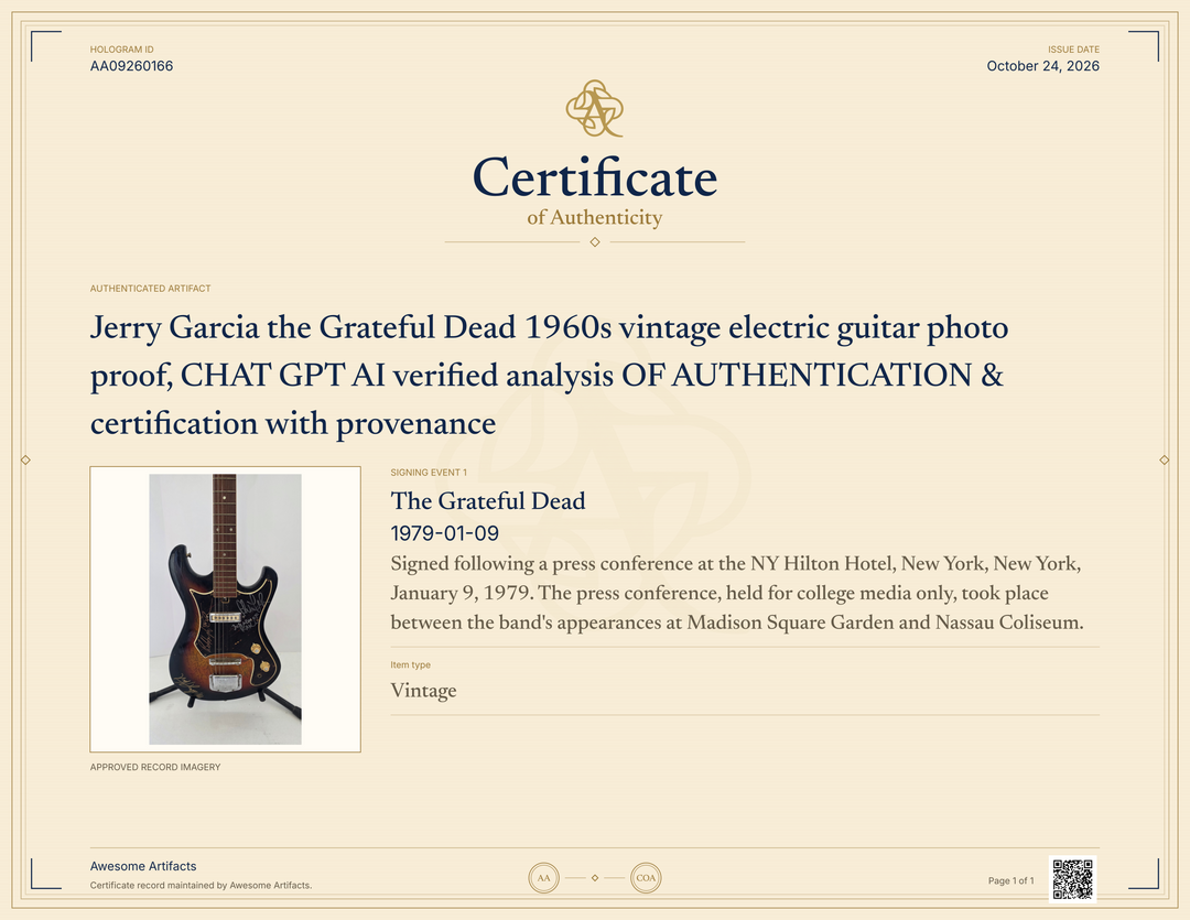 Jerry Garcia the Grateful Dead 1960s vintage electric guitar photo proof, CHAT GPT AI verified analysis OF AUTHENTICATION & certification with provenance - AA09260166 - image 7