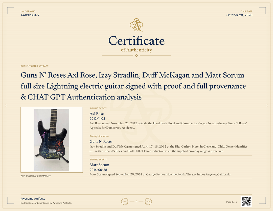 Guns N' Roses Axl Rose, Izzy Stradlin, Duff McKagan and Matt Sorum full size Lightning electric guitar signed with proof and full provenance & CHAT GPT Authentication analysis - AA09260177 - image 7