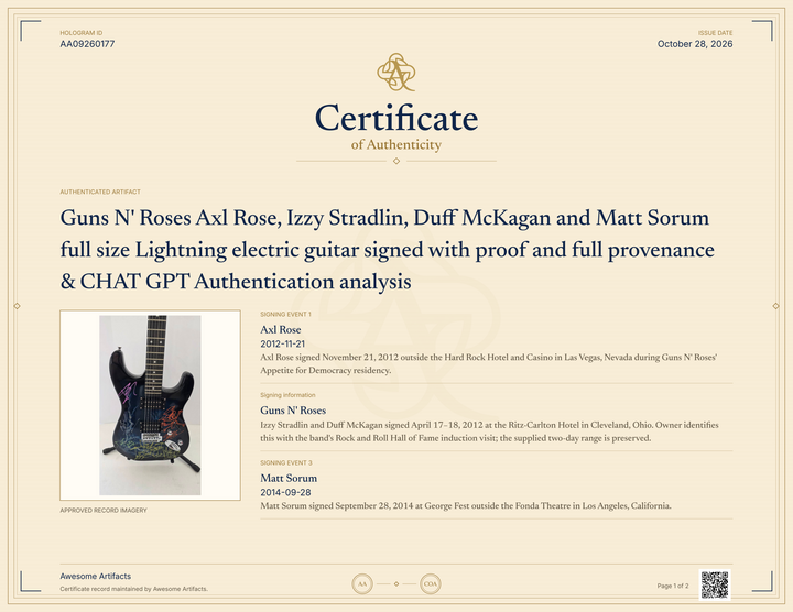 Guns N' Roses Axl Rose, Izzy Stradlin, Duff McKagan and Matt Sorum full size Lightning electric guitar signed with proof and full provenance & CHAT GPT Authentication analysis - AA09260177 - image 7