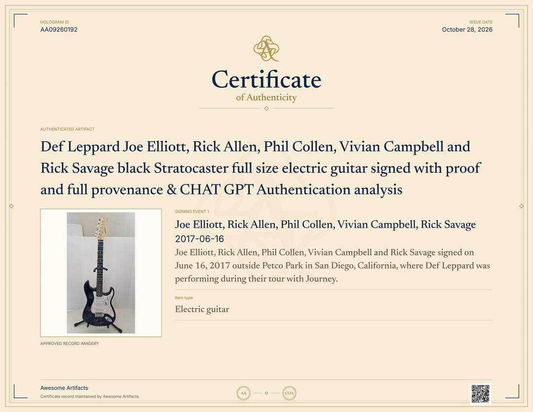 Def Leppard Joe Elliott, Rick Allen, Phil Collen, Vivian Campbell and Rick Savage black Stratocaster full size electric guitar signed with proof and full provenance & CHAT GPT Authentication analysis - AA09260192 - image 7