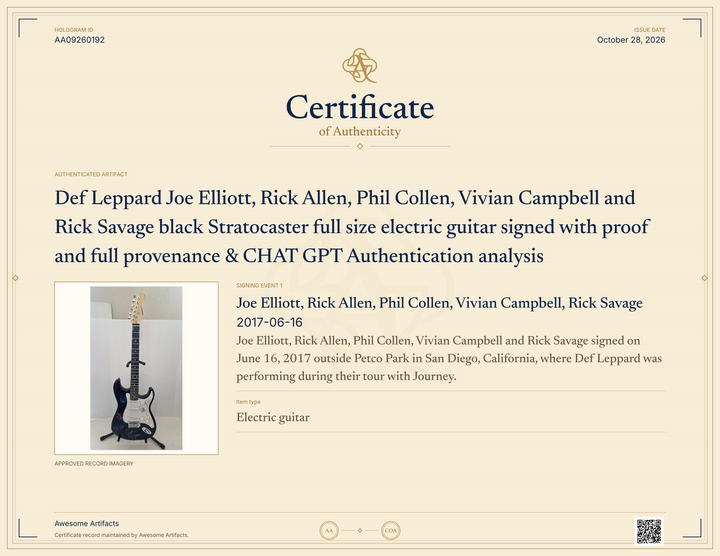 Def Leppard Joe Elliott, Rick Allen, Phil Collen, Vivian Campbell and Rick Savage black Stratocaster full size electric guitar signed with proof and full provenance & CHAT GPT Authentication analysis - AA09260192 - image 7