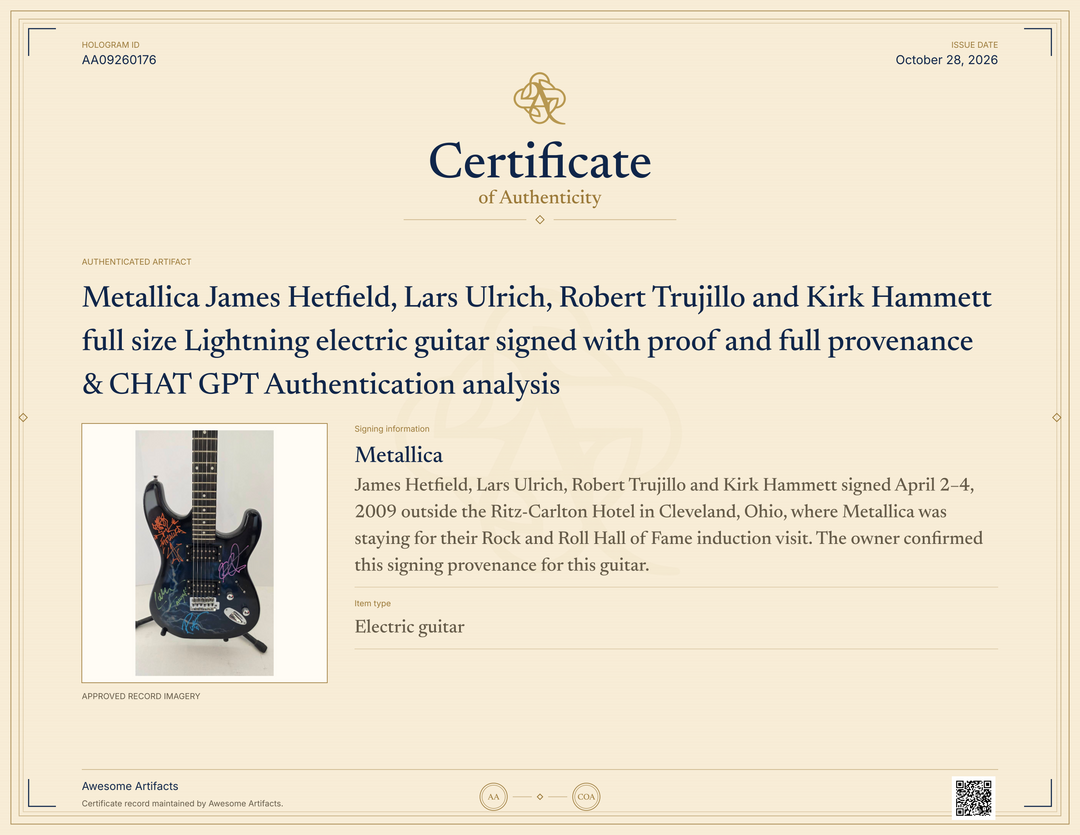 Metallica James Hetfield, Lars Ulrich, Robert Trujillo and Kirk Hammett full size Lightning electric guitar signed with proof and full provenance & CHAT GPT Authentication analysis - AA09260176 - image 7