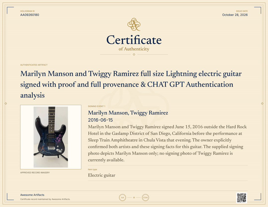 Marilyn Manson and Twiggy Ramirez full size Lightning electric guitar signed with proof and full provenance & CHAT GPT Authentication analysis - AA09260180 - image 7