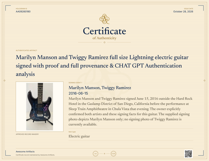 Marilyn Manson and Twiggy Ramirez full size Lightning electric guitar signed with proof and full provenance & CHAT GPT Authentication analysis - AA09260180 - image 7