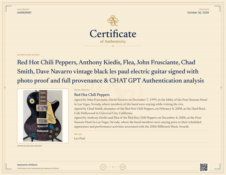 Red Hot Chili Peppers, Anthony Kiedis, Flea, John Frusciante, Chad Smith, Dave Navarro vintage black les paul electric guitar signed with photo proof and full provenance & CHAT GPT Authentication analysis - AA0926081 - image 7