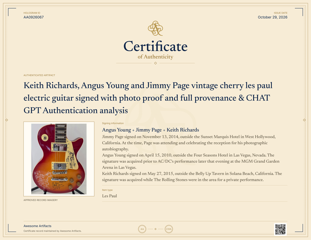 Keith Richards, Angus Young and Jimmy Page vintage cherry les paul electric guitar signed with photo proof and full provenance & CHAT GPT Authentication analysis - AA0926067 - image 7