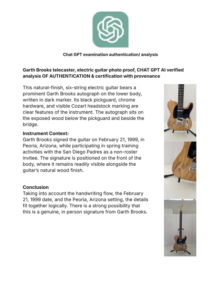 Garth Brooks telecaster, electric guitar photo proof, CHAT GPT AI verified analysis OF AUTHENTICATION & certification with provenance - AA09260168 - image 7