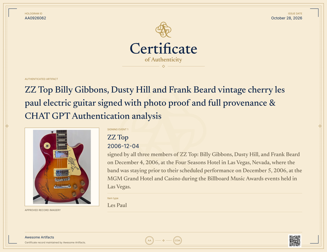 ZZ Top Billy Gibbons, Dusty Hill and Frank Beard vintage cherry les paul electric guitar signed with photo proof and full provenance & CHAT GPT Authentication analysis - AA0926062 - image 7