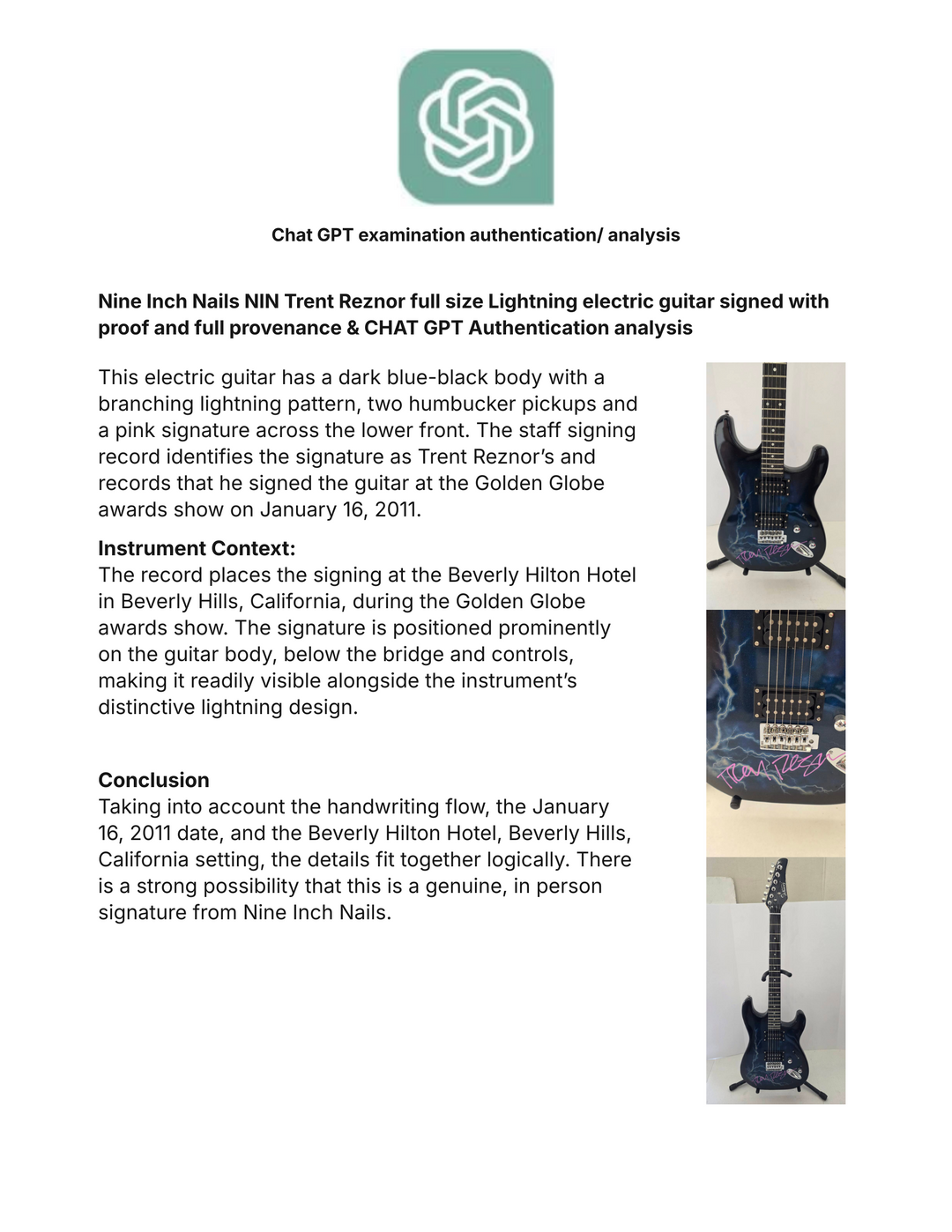 Nine Inch Nails NIN Trent Reznor full size Lightning electric guitar signed with proof and full provenance & CHAT GPT Authentication analysis - AA09260181 - image 7