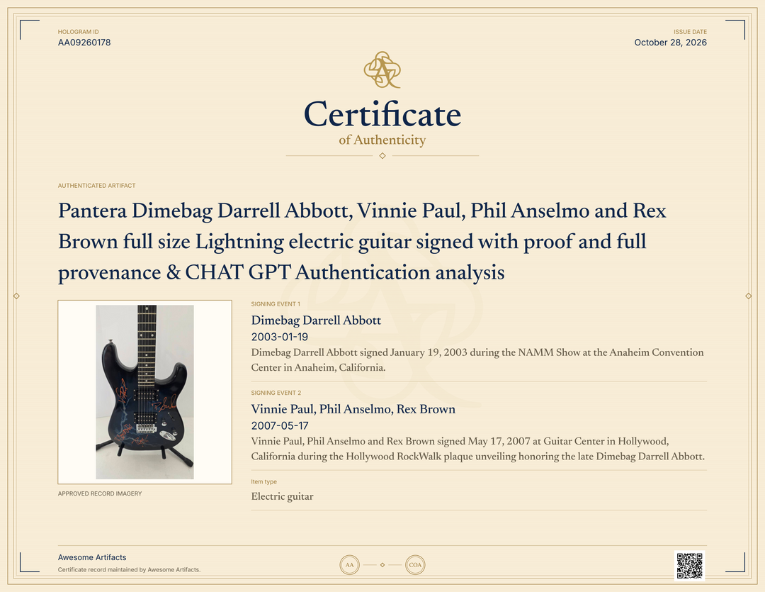 Pantera Dimebag Darrell Abbott, Vinnie Paul, Phil Anselmo and Rex Brown full size Lightning electric guitar signed with proof and full provenance & CHAT GPT Authentication analysis - AA09260178 - image 7
