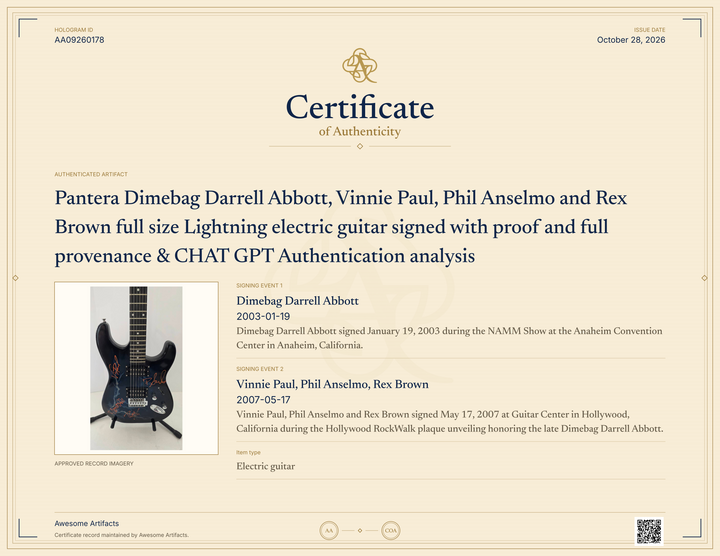 Pantera Dimebag Darrell Abbott, Vinnie Paul, Phil Anselmo and Rex Brown full size Lightning electric guitar signed with proof and full provenance & CHAT GPT Authentication analysis - AA09260178 - image 7