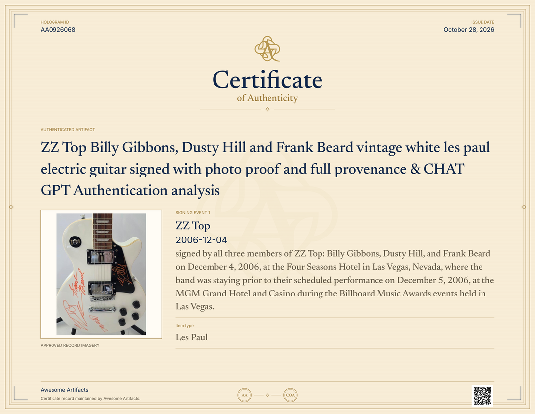 ZZ Top Billy Gibbons, Dusty Hill and Frank Beard vintage white les paul electric guitar signed with photo proof and full provenance & CHAT GPT Authentication analysis - AA0926068 - image 7