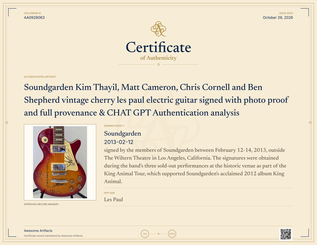 Soundgarden Kim Thayil, Matt Cameron, Chris Cornell and Ben Shepherd  vintage cherry les paul electric guitar signed with photo proof and full provenance & CHAT GPT Authentication analysis - AA0926063 - image 7