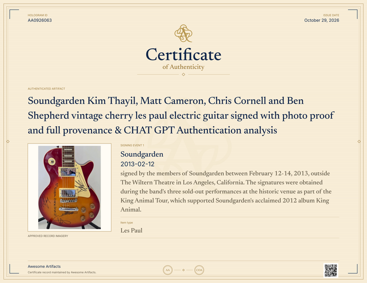 Soundgarden Kim Thayil, Matt Cameron, Chris Cornell and Ben Shepherd  vintage cherry les paul electric guitar signed with photo proof and full provenance & CHAT GPT Authentication analysis - AA0926063 - image 7