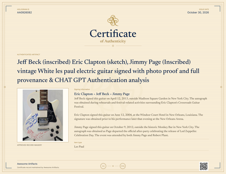 Jeff Beck (inscribed) Eric Clapton (sketch), Jimmy Page (Inscribed)  vintage White les paul electric guitar signed with photo proof and full provenance & CHAT GPT Authentication analysis - AA0926082 - image 7