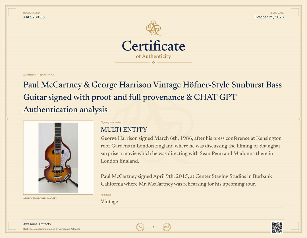 Paul McCartney & George Harrison Vintage Höfner-Style Sunburst Bass Guitar signed with proof and full provenance & CHAT GPT Authentication analysis - AA09260185 - image 7