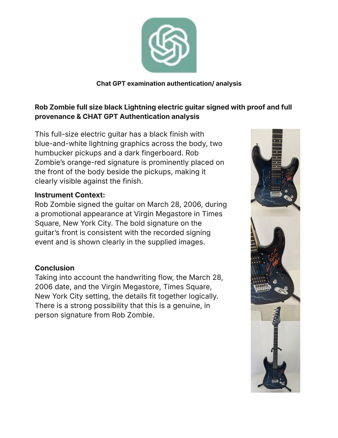 Rob Zombie full size black Lightning electric guitar signed with proof and full provenance & CHAT GPT Authentication analysis - AA09260182 - image 7