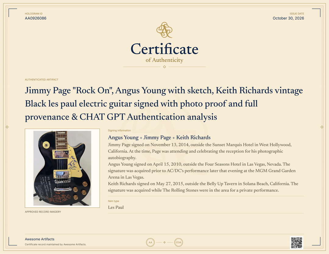 Jimmy Page "Rock On", Angus Young with sketch, Keith Richards vintage Black les paul electric guitar signed with photo proof and full provenance & CHAT GPT Authentication analysis - AA0926086 - image 7