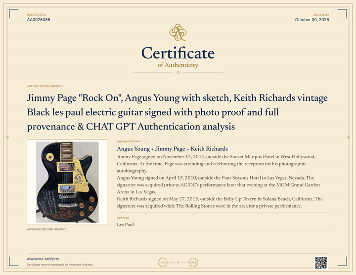 Jimmy Page "Rock On", Angus Young with sketch, Keith Richards vintage Black les paul electric guitar signed with photo proof and full provenance & CHAT GPT Authentication analysis - AA0926086 - image 7