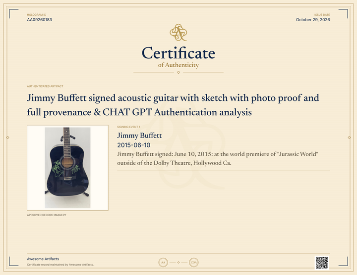 Jimmy Buffett signed acoustic guitar with sketch with photo proof and full provenance & CHAT GPT Authentication analysis - AA09260183 - image 7