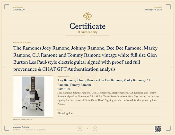 The Ramones Joey Ramone, Johnny Ramone, Dee Dee Ramone, Marky Ramone, C.J. Ramone and Tommy Ramone vintage white full size Glen Burton Les Paul-style electric guitar signed with proof and full provenance & CHAT GPT Authentication analysis - AA0926070 - image 7