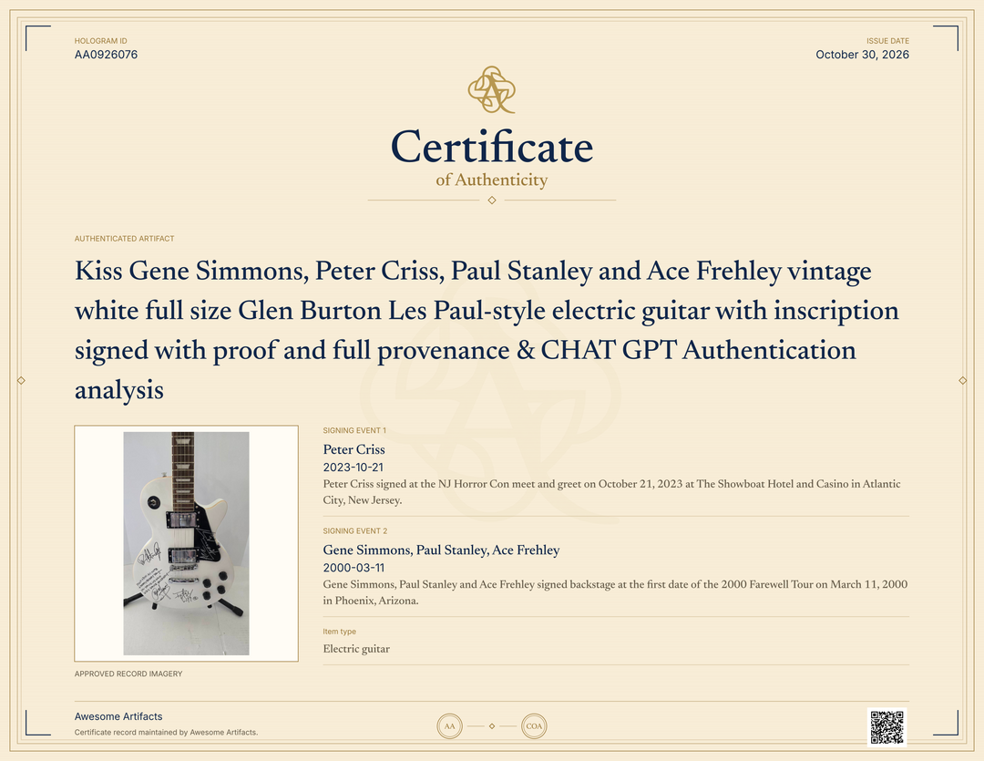 Kiss Gene Simmons, Peter Criss, Paul Stanley and Ace Frehley vintage white full size Glen Burton Les Paul-style electric guitar with inscription signed with proof and full provenance & CHAT GPT Authentication analysis - AA0926076 - image 7
