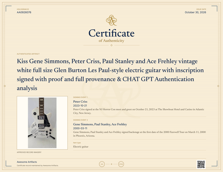 Kiss Gene Simmons, Peter Criss, Paul Stanley and Ace Frehley vintage white full size Glen Burton Les Paul-style electric guitar with inscription signed with proof and full provenance & CHAT GPT Authentication analysis - AA0926076 - image 7