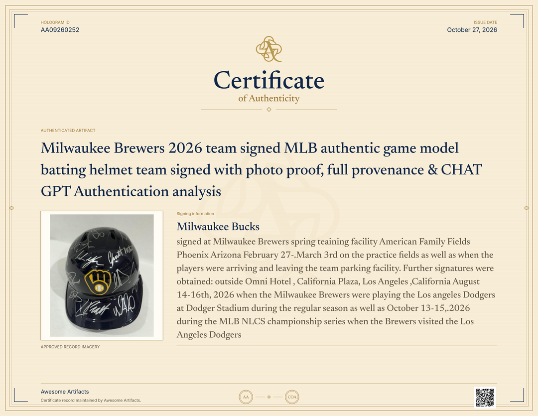 Milwaukee Brewers 2026 team signed MLB authentic game model batting helmet  team signed with photo proof, full provenance & CHAT GPT Authentication analysis - AA09260252 - image 7