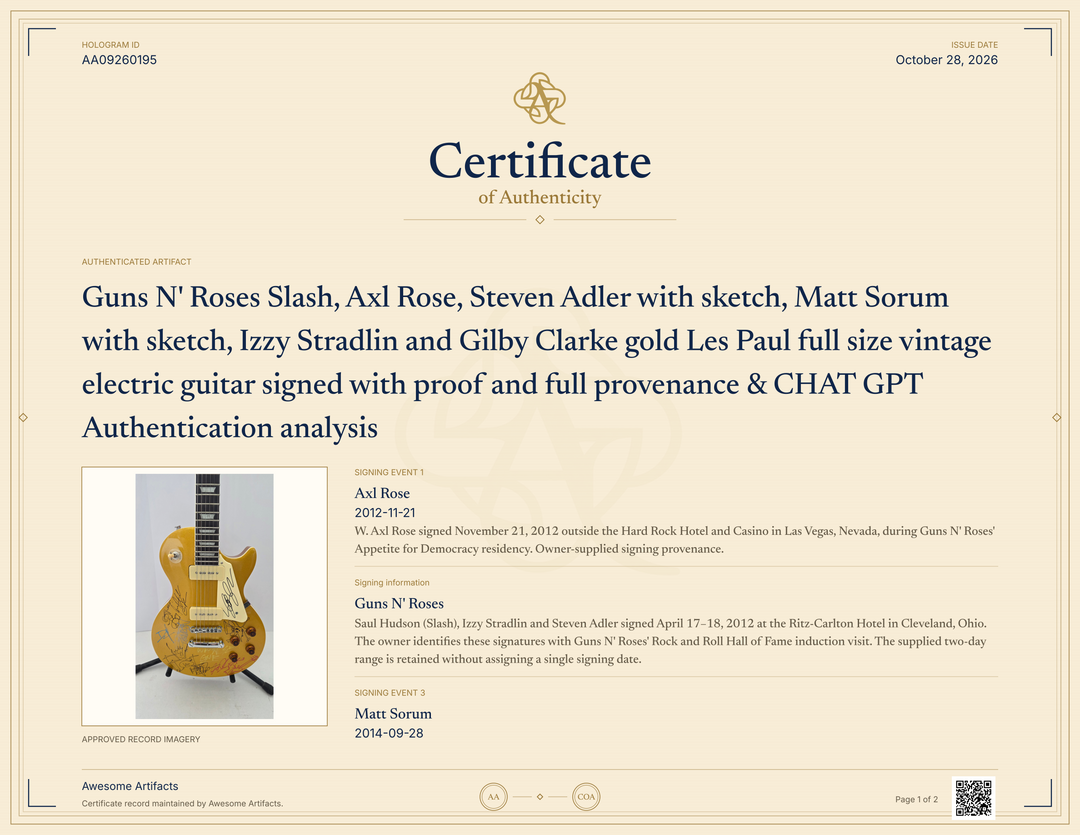 Guns N' Roses Slash, Axl Rose, Steven Adler with sketch, Matt Sorum with sketch, Izzy Stradlin and Gilby Clarke gold Les Paul full size vintage electric guitar signed with proof and full provenance & CHAT GPT Authentication analysis - AA09260195 - image 7