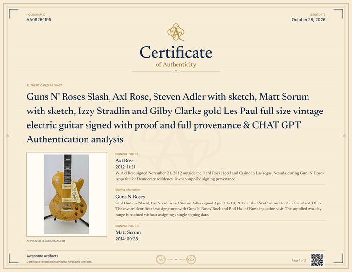 Guns N' Roses Slash, Axl Rose, Steven Adler with sketch, Matt Sorum with sketch, Izzy Stradlin and Gilby Clarke gold Les Paul full size vintage electric guitar signed with proof and full provenance & CHAT GPT Authentication analysis - AA09260195 - image 7