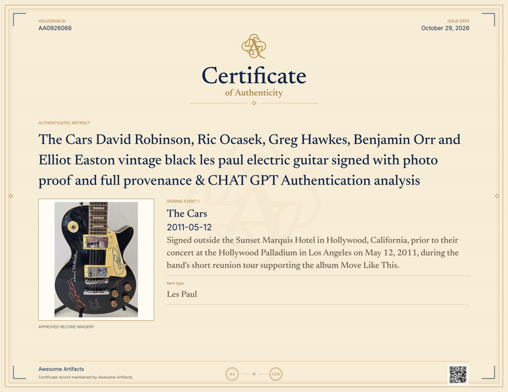The Cars David Robinson, Ric Ocasek, Greg Hawkes, Benjamin Orr and Elliot Easton vintage black les paul electric guitar signed with photo proof and full provenance & CHAT GPT Authentication analysis - AA0926066 - image 7