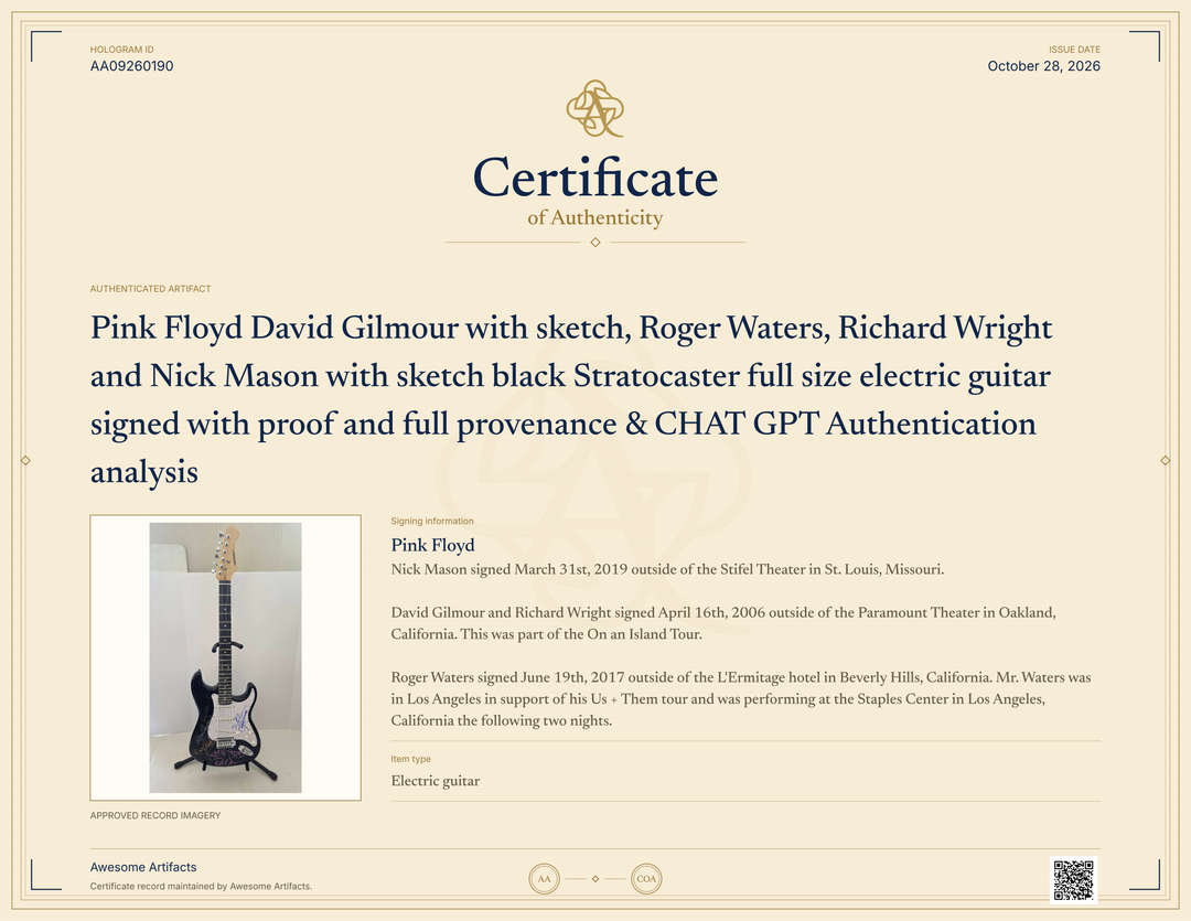 Pink Floyd David Gilmour with sketch, Roger Waters, Richard Wright and Nick Mason with sketch black Stratocaster full size electric guitar signed with proof and full provenance & CHAT GPT Authentication analysis - AA09260190 - image 7