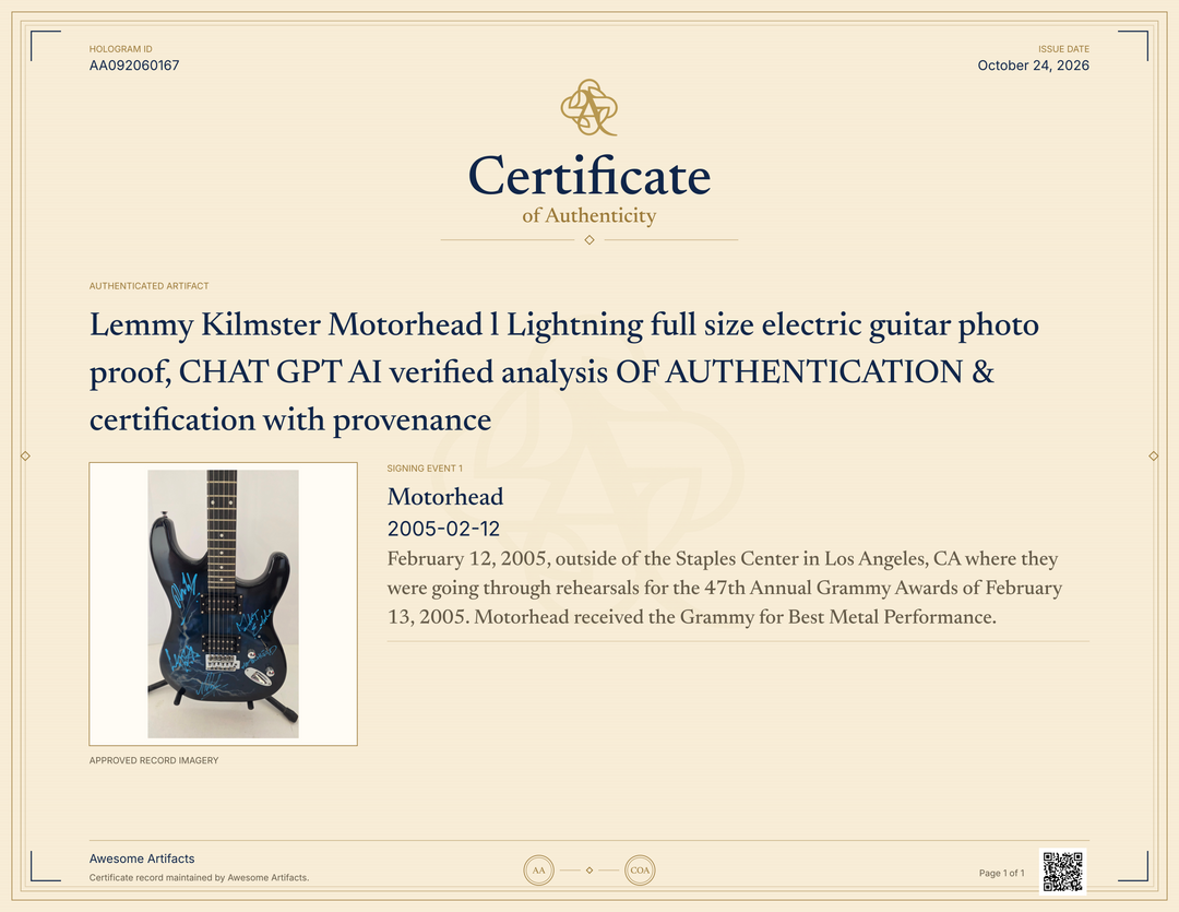 Lemmy Kilmster Motorhead l Lightning full size electric guitar photo proof, CHAT GPT AI verified analysis OF AUTHENTICATION & certification with provenance - AA092060167 - image 7