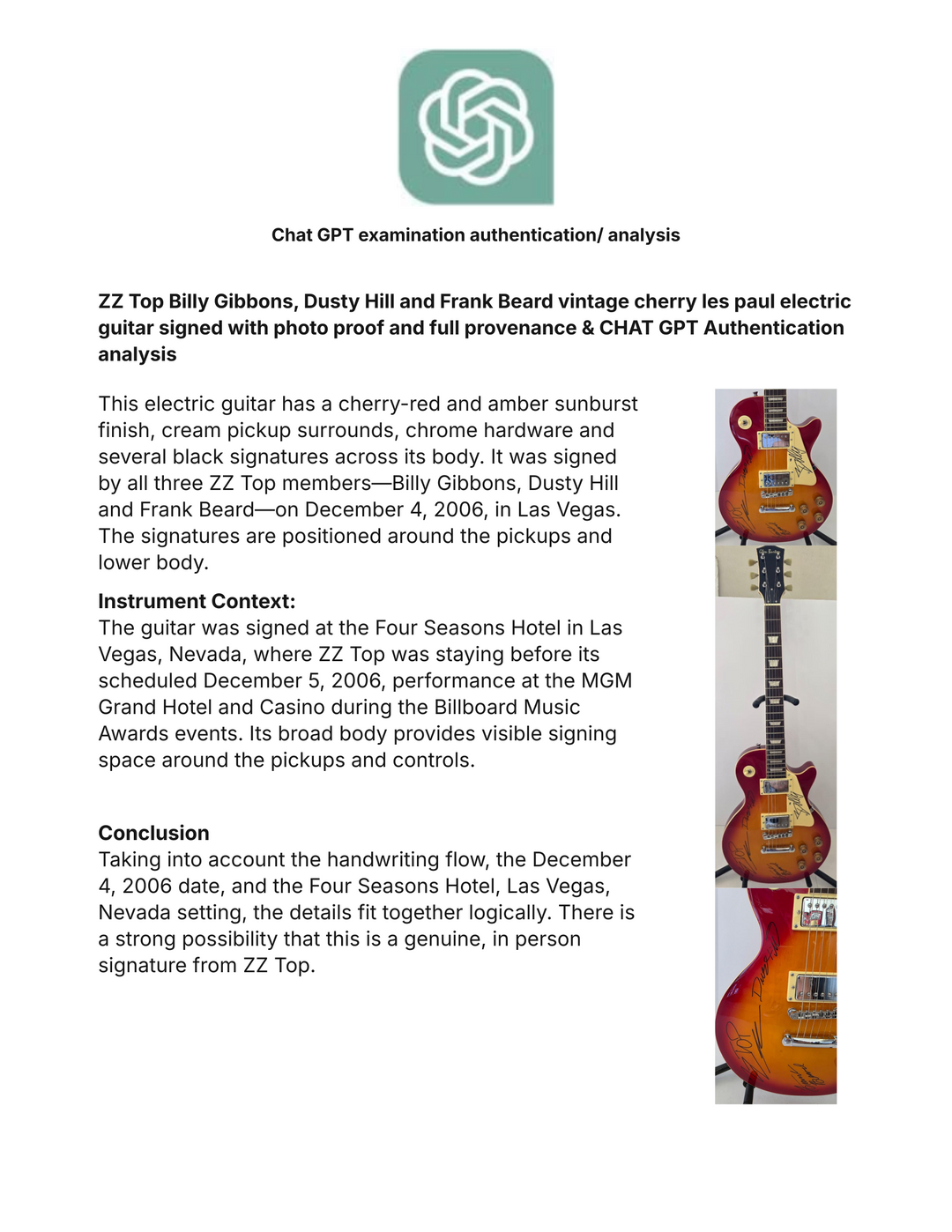 ZZ Top Billy Gibbons, Dusty Hill and Frank Beard vintage cherry les paul electric guitar signed with photo proof and full provenance & CHAT GPT Authentication analysis - AA0926062 - image 8