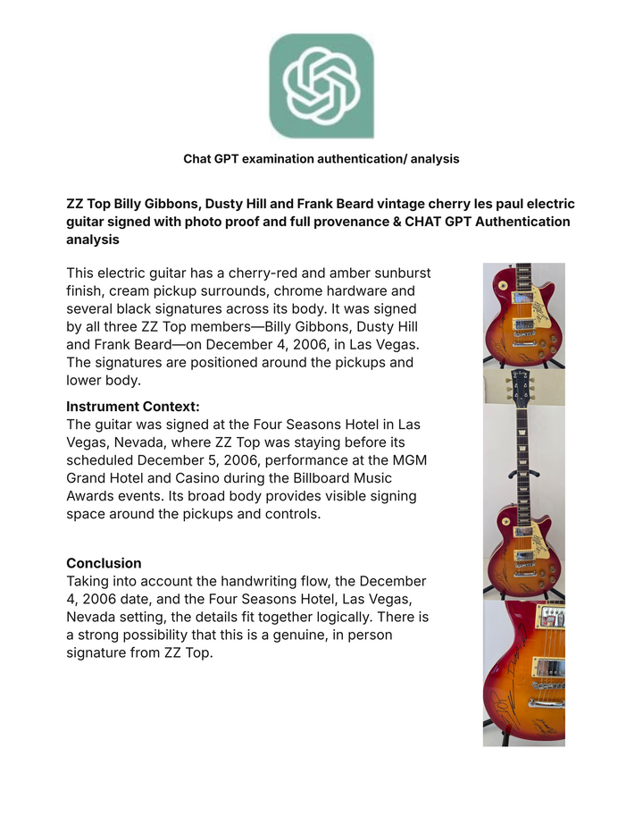 ZZ Top Billy Gibbons, Dusty Hill and Frank Beard vintage cherry les paul electric guitar signed with photo proof and full provenance & CHAT GPT Authentication analysis - AA0926062 - image 8