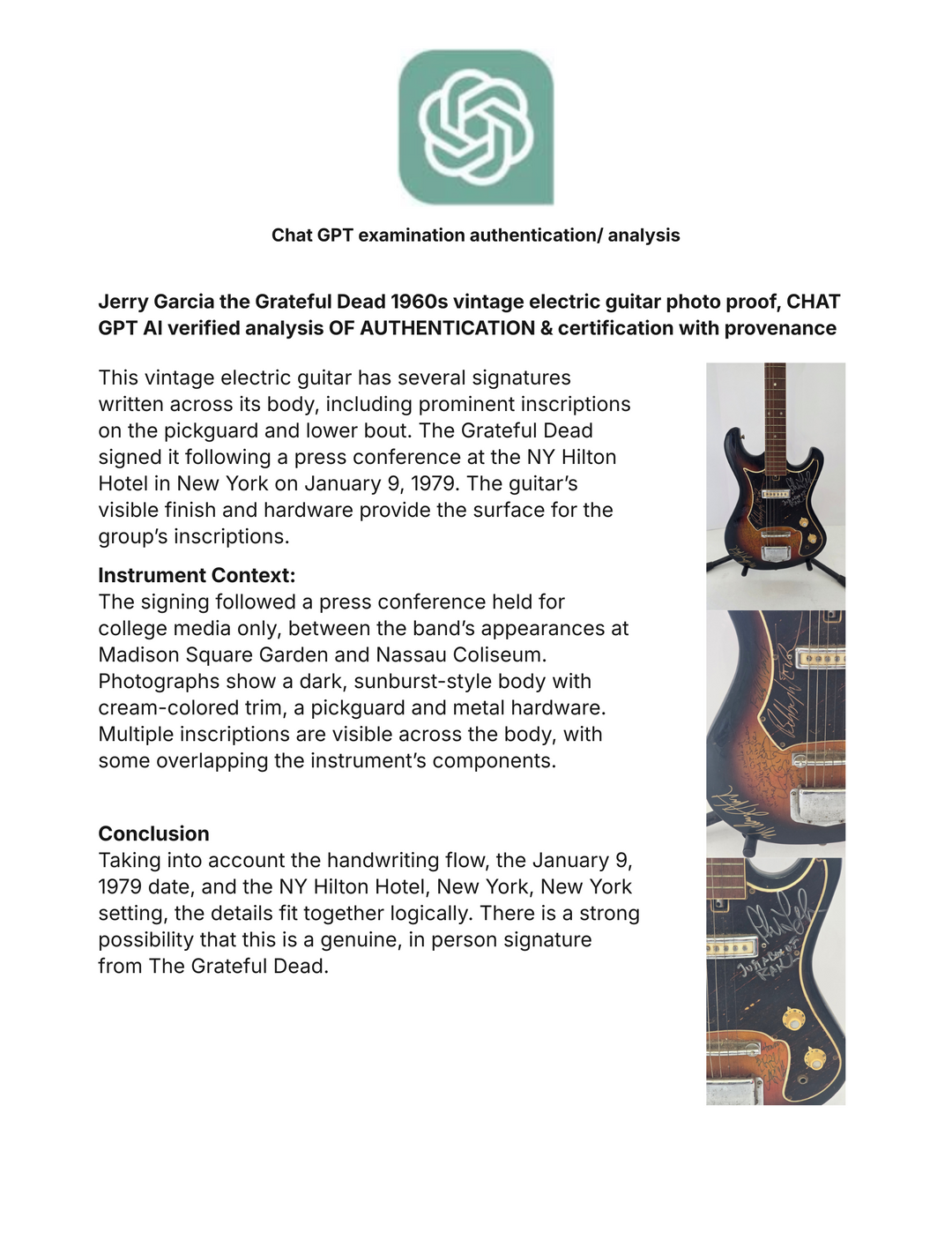 Jerry Garcia the Grateful Dead 1960s vintage electric guitar photo proof, CHAT GPT AI verified analysis OF AUTHENTICATION & certification with provenance - AA09260166 - image 8