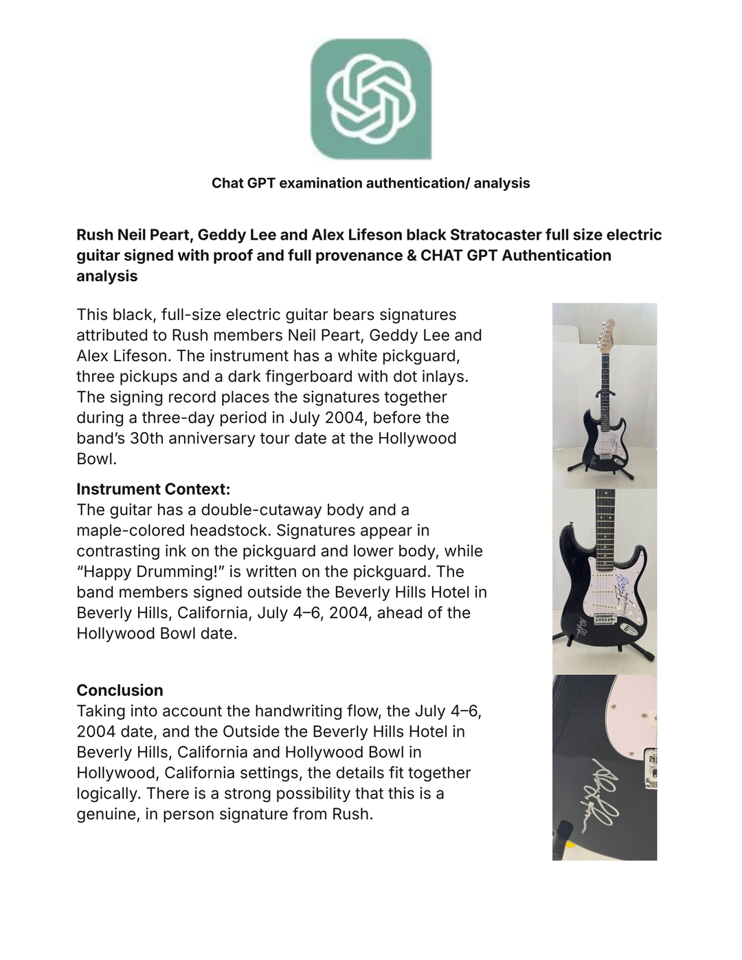 Rush Neil Peart, Geddy Lee and Alex Lifeson black Stratocaster full size electric guitar signed with proof and full provenance & CHAT GPT Authentication analysis - AA09260193 - image 8
