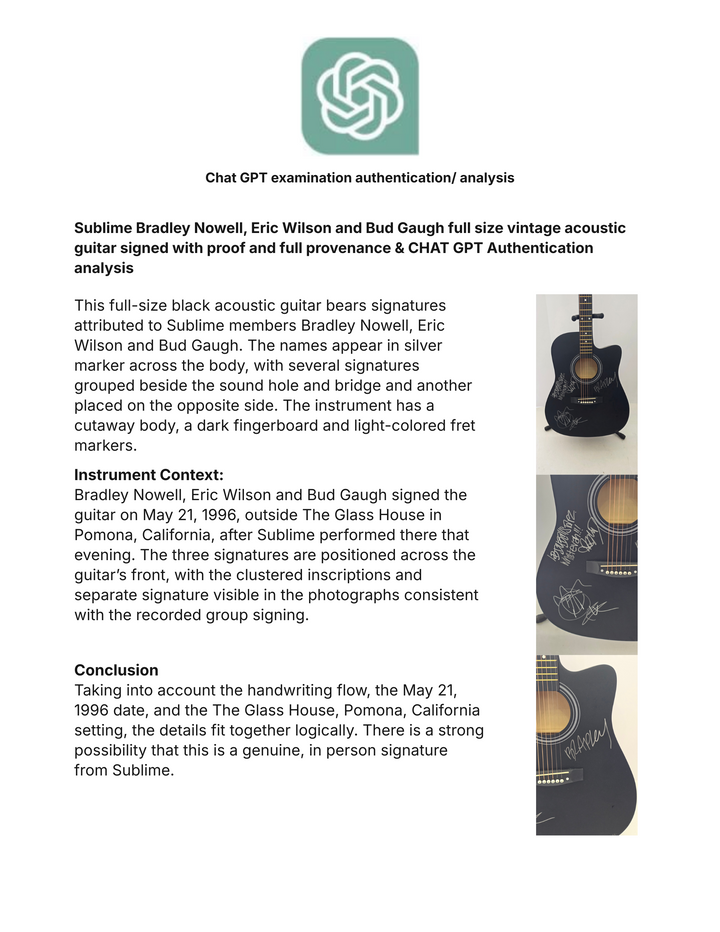 Sublime Bradley Nowell, Eric Wilson and Bud Gaugh full size vintage acoustic guitar signed with proof and full provenance & CHAT GPT Authentication analysis - AA09260194 - image 8
