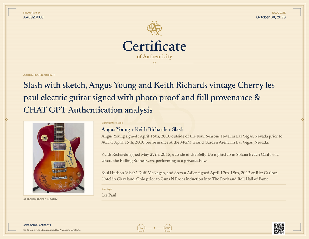 Slash with sketch, Angus Young and Keith Richards vintage Cherry les paul electric guitar signed with photo proof and full provenance & CHAT GPT Authentication analysis - AA0926080 - image 8
